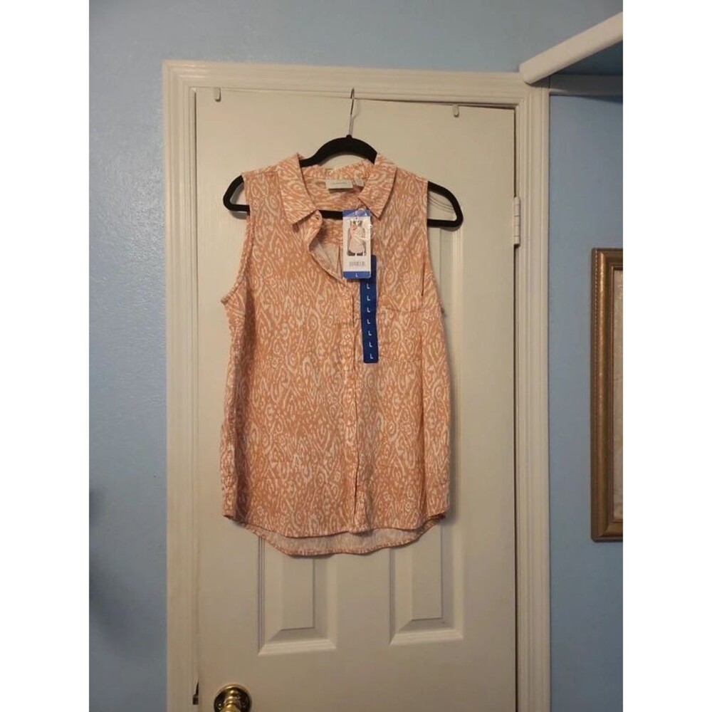 NWT Orange & White Sleeveless Oxford Style Button Top Shirt L Ecothreads
